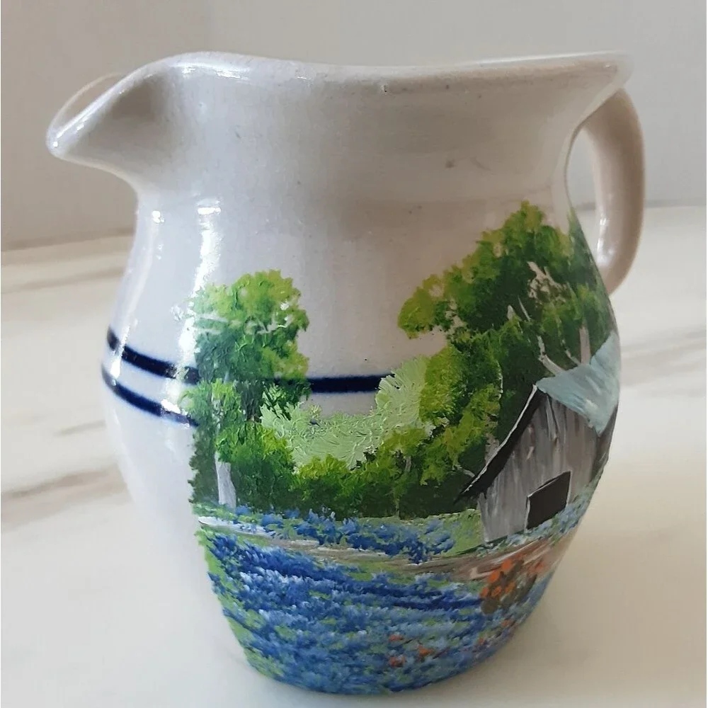 CASEY POTTERY Doris Fogel Hand Painted Barn Scene Small Cream Pitcher - Vtg